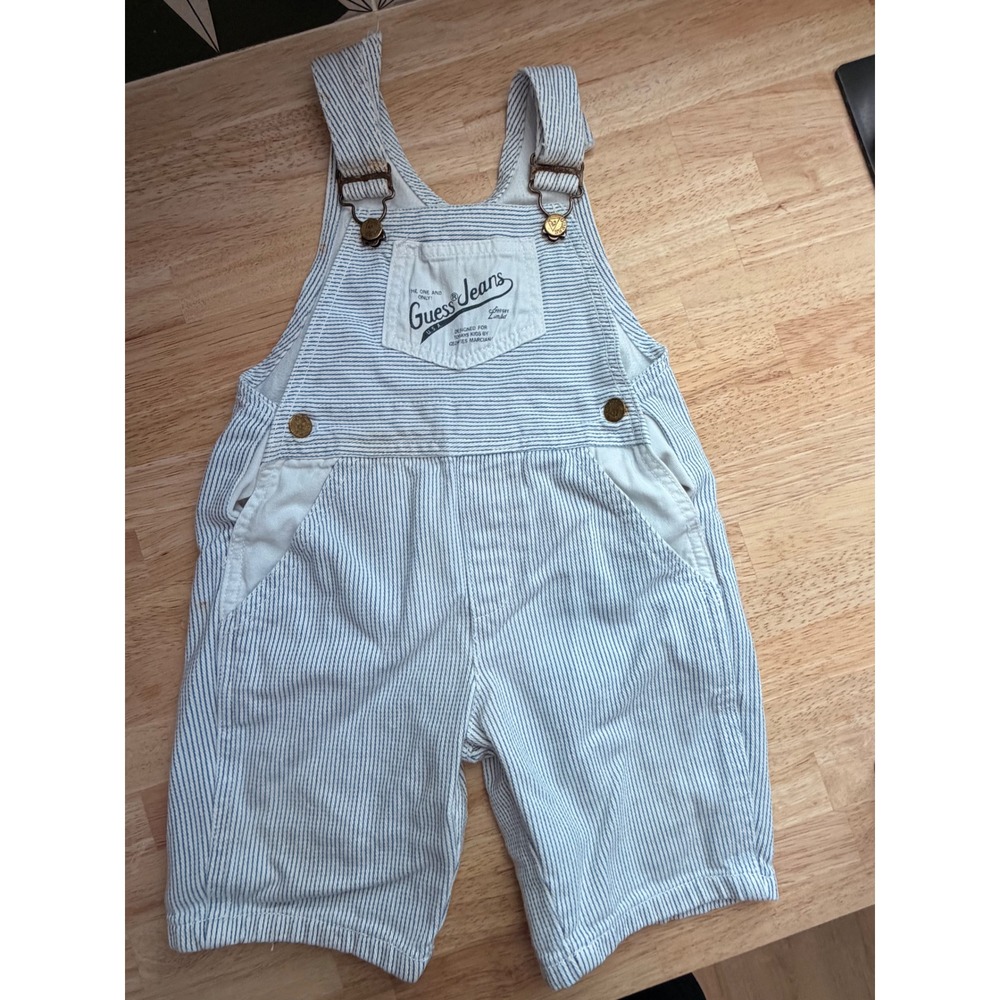 Vintage Guess Jeans Hickory Stripe Denim Overalls Kids 3Y Blue White B275686
